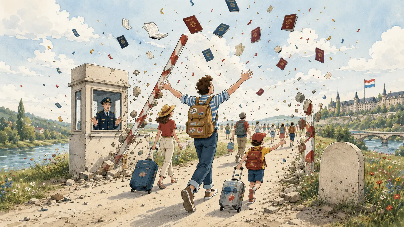Famille franchissant joyeusement une frontière démolie, passeports envolés dans le ciel